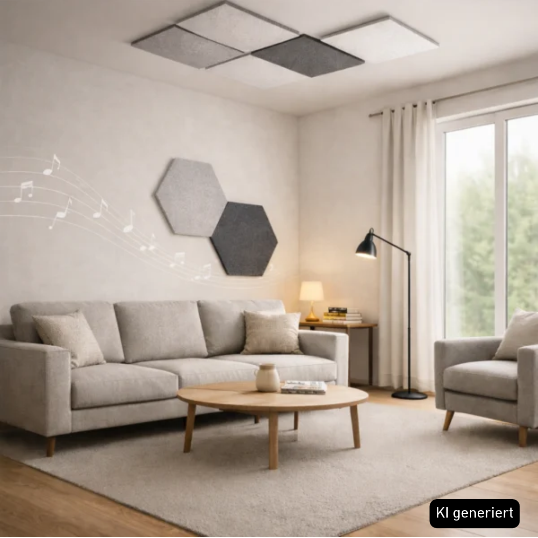 Moderne Wohnzimmer mit Akustikpaneelen und natürlichem Licht.