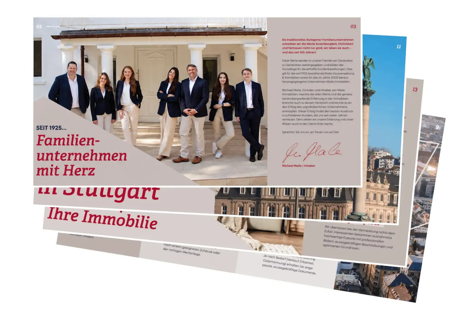 Maile Immobilien Stuttgart Team vor einem historischen Gebäude in Stuttgart.